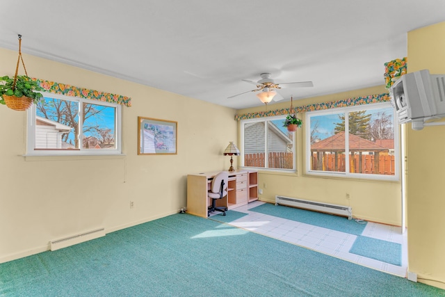 interior space with ceiling fan, a baseboard heating unit, baseboard heating, and a wall mounted AC