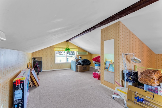 playroom featuring carpet flooring, vaulted ceiling with beams, baseboards, and wallpapered walls