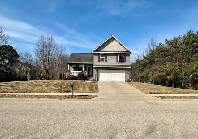 view of front facade featuring a garage, a porch, concrete driveway, and a front yard