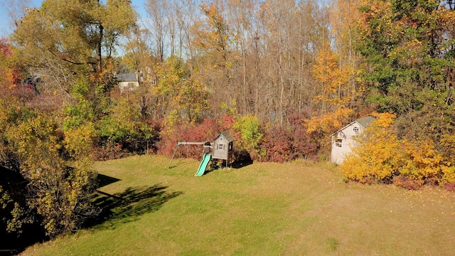 view of yard featuring a shed and a playground