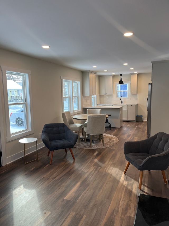 dining room with dark hardwood / wood-style flooring, sink, and a healthy amount of sunlight