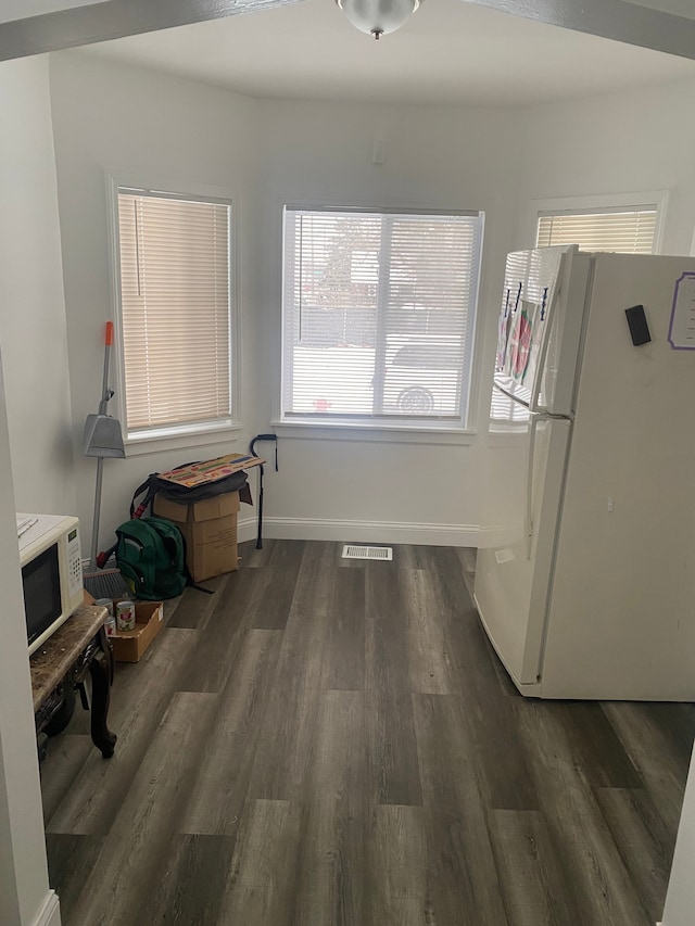 interior space with dark hardwood / wood-style flooring and white appliances