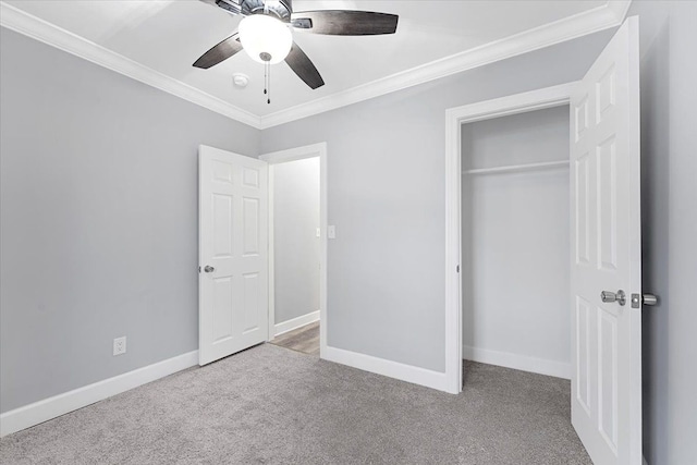 unfurnished bedroom with light carpet, a closet, ceiling fan, and ornamental molding