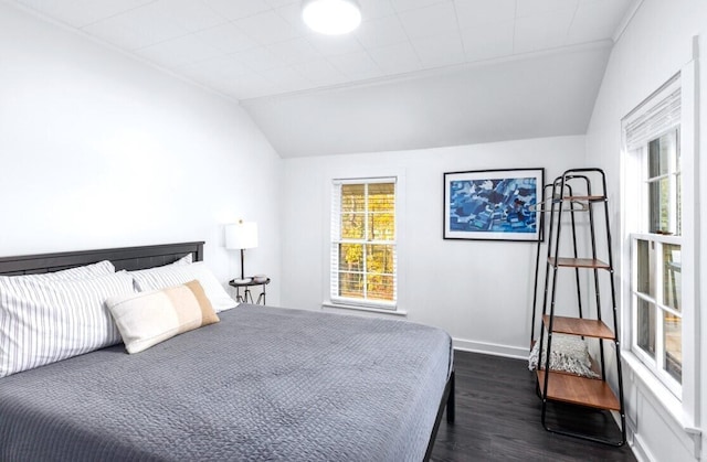 bedroom with dark hardwood / wood-style floors and lofted ceiling