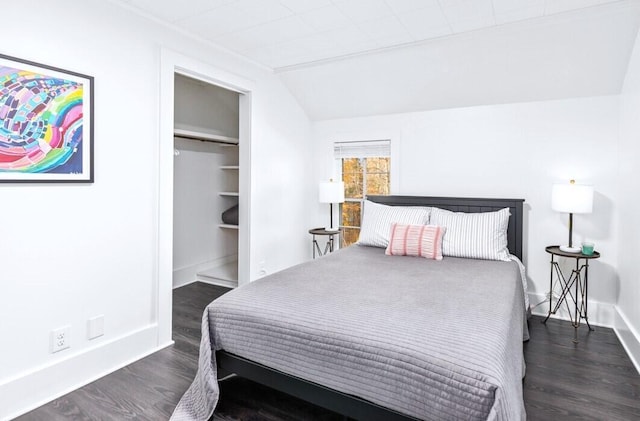 bedroom featuring a closet, lofted ceiling, and dark hardwood / wood-style flooring