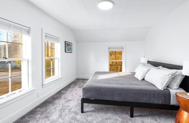 carpeted bedroom featuring multiple windows and lofted ceiling