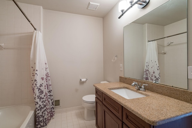 full bathroom with toilet, shower / tub combo with curtain, and vanity