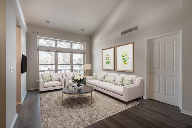 living room featuring high vaulted ceiling and dark hardwood / wood-style flooring