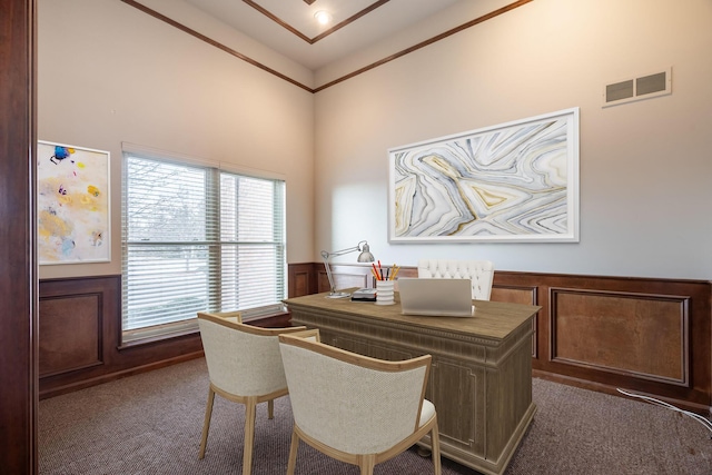 office area featuring high vaulted ceiling and dark carpet