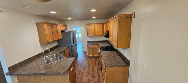 kitchen with appliances with stainless steel finishes, sink, dark hardwood / wood-style flooring, and dark stone counters