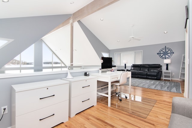 office with lofted ceiling with beams, ceiling fan, and light hardwood / wood-style flooring