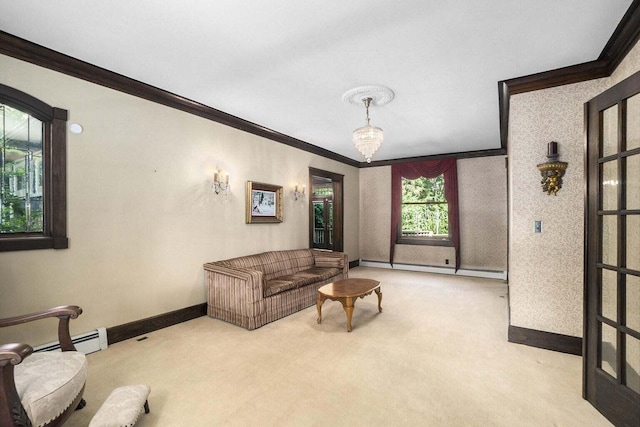 carpeted living room with baseboard heating, ornamental molding, and a chandelier