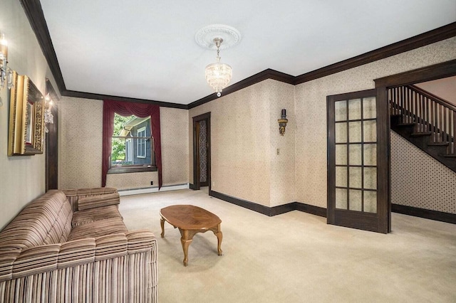 living room featuring a baseboard radiator, a chandelier, light colored carpet, and ornamental molding