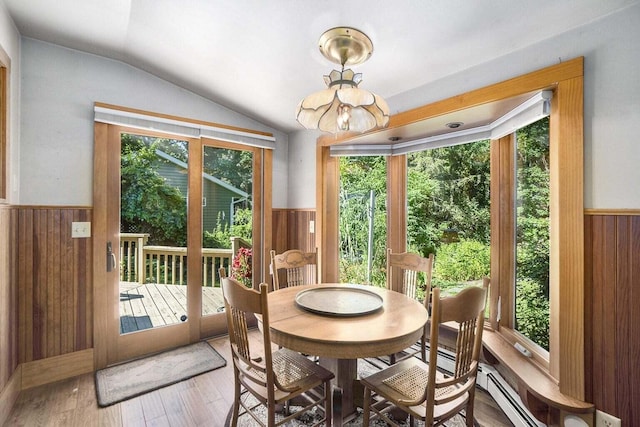 interior space featuring wood-type flooring, a healthy amount of sunlight, an inviting chandelier, and lofted ceiling