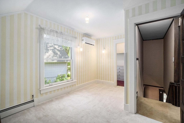 interior space with carpet, an AC wall unit, a baseboard radiator, and multiple windows