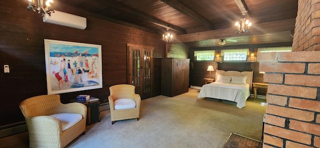 bedroom featuring an AC wall unit, beamed ceiling, a notable chandelier, carpet flooring, and wooden ceiling