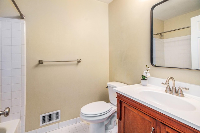 full bathroom featuring vanity, toilet, tub / shower combination, and tile patterned flooring