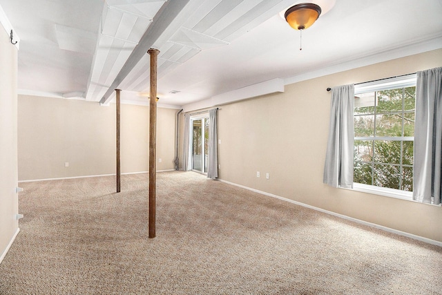 basement with ornamental molding and carpet flooring