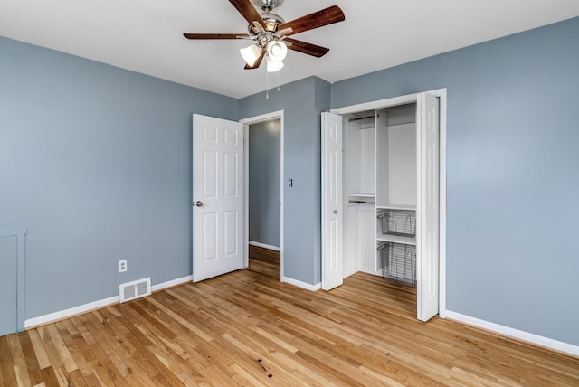 unfurnished bedroom featuring a closet, ceiling fan, and light hardwood / wood-style floors