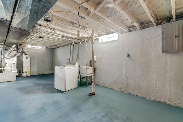 basement featuring washer / clothes dryer, heating unit, electric panel, and water heater