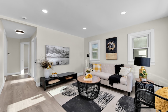 living room featuring plenty of natural light and light hardwood / wood-style floors