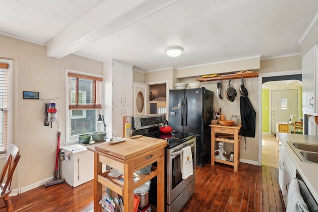 kitchen with white cabinetry, electric range, dark hardwood / wood-style floors, black fridge, and beamed ceiling