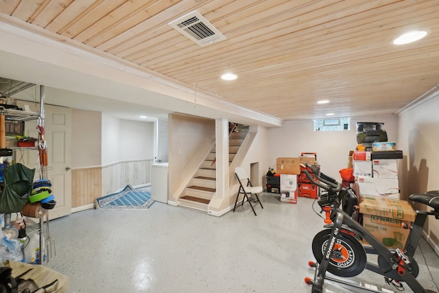 basement featuring washer / clothes dryer and wood ceiling