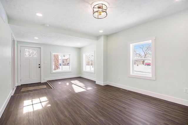 foyer entrance with a wealth of natural light, dark wood-type flooring, and a textured ceiling