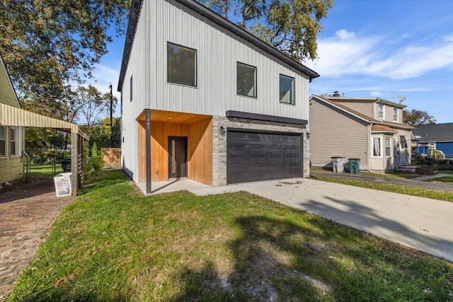 modern farmhouse with a garage and a front lawn