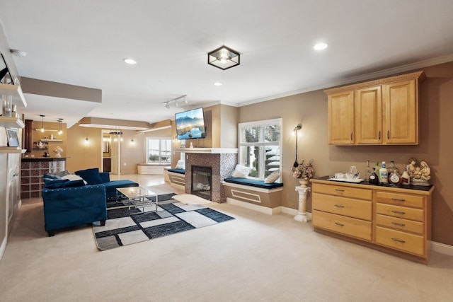 372 Overlook Dr, Oxford, MI 48371 - living room with light colored carpet, baseboards, a tile fireplace, and recessed lighting