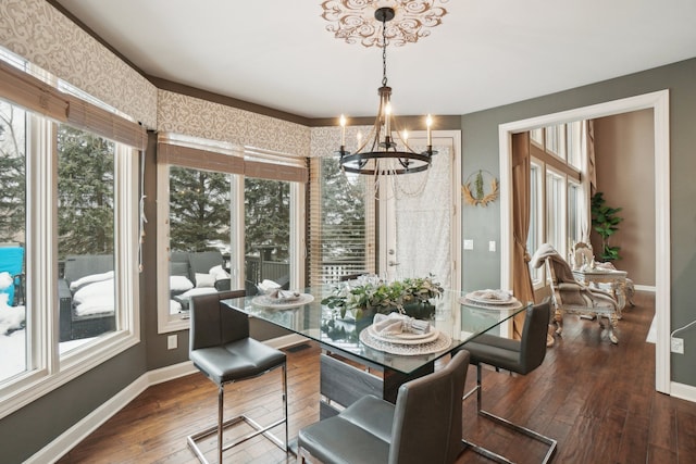 372 Overlook Dr, Oxford, MI 48371 - dining space featuring dark wood-type flooring, baseboards, and a chandelier