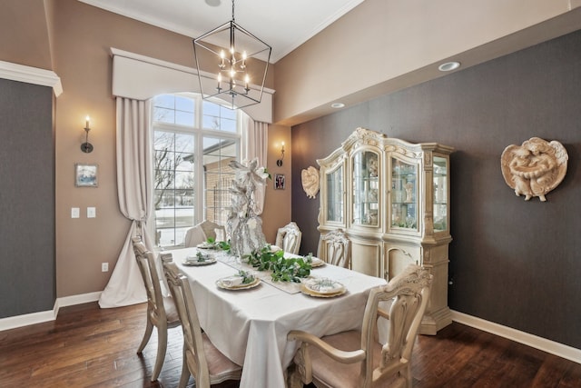 372 Overlook Dr, Oxford, MI 48371 - dining room featuring a chandelier, baseboards, dark wood-type flooring, and ornamental molding