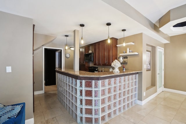372 Overlook Dr, Oxford, MI 48371 - kitchen featuring light stone countertops, black microwave, decorative light fixtures, and light tile patterned floors