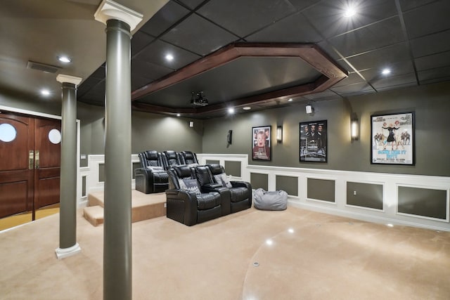 372 Overlook Dr, Oxford, MI 48371 - home theater room featuring a wainscoted wall, carpet flooring, decorative columns, visible vents, and a decorative wall