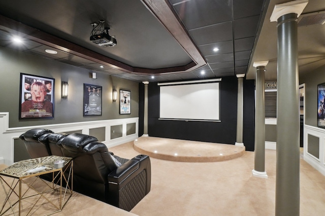 372 Overlook Dr, Oxford, MI 48371 - cinema room with recessed lighting, ornate columns, visible vents, a decorative wall, and carpet flooring