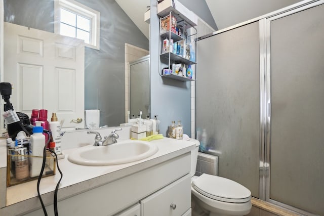 372 Overlook Dr, Oxford, MI 48371 - full bath featuring lofted ceiling, vanity, toilet, and a stall shower