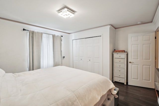 372 Overlook Dr, Oxford, MI 48371 - bedroom with a closet, ornamental molding, and dark wood finished floors