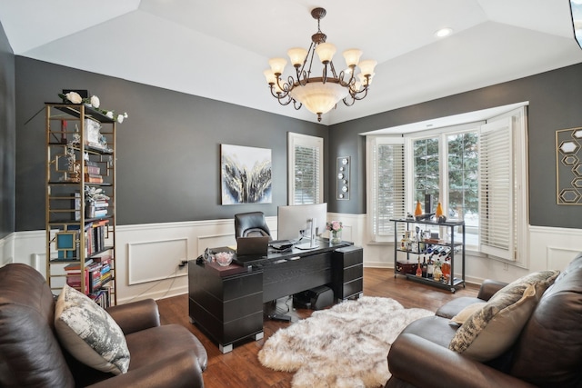 372 Overlook Dr, Oxford, MI 48371 - office area with wood finished floors, a wainscoted wall, and a notable chandelier