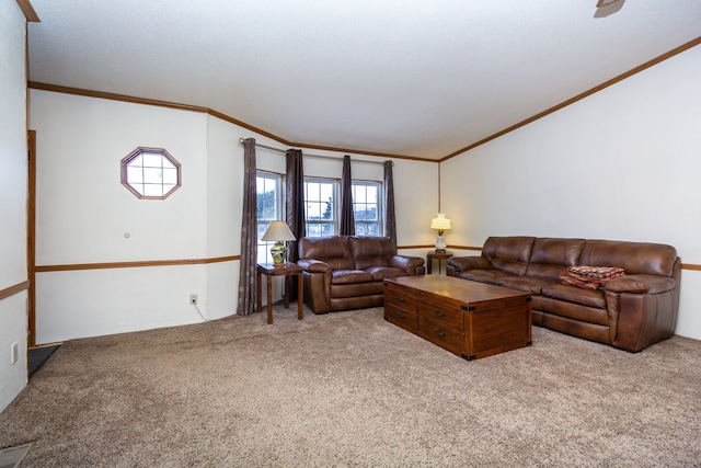 carpeted living room featuring ornamental molding