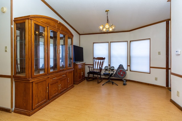 office area featuring a notable chandelier, crown molding, vaulted ceiling, and light hardwood / wood-style floors