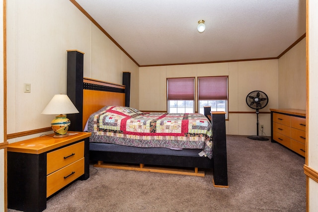 carpeted bedroom featuring crown molding and lofted ceiling