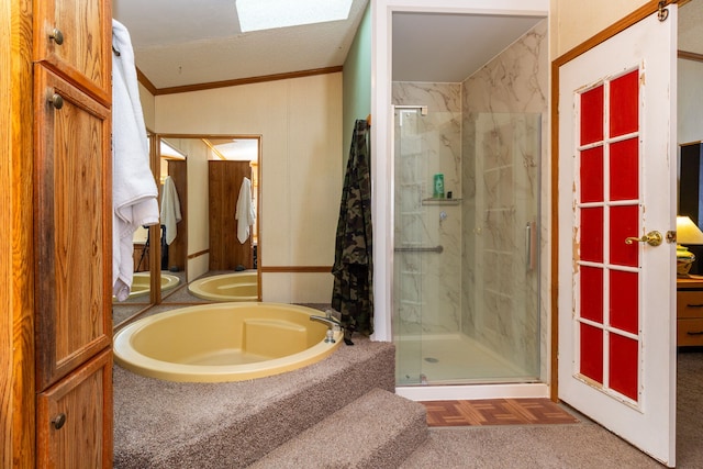 bathroom featuring independent shower and bath, crown molding, and parquet floors