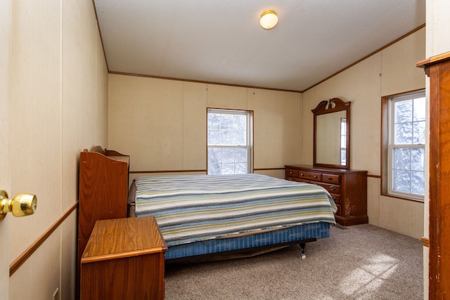 carpeted bedroom with multiple windows, ornamental molding, and lofted ceiling