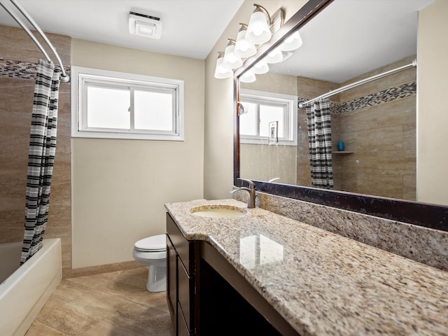 full bathroom featuring vanity, shower / tub combo, tile patterned floors, and toilet