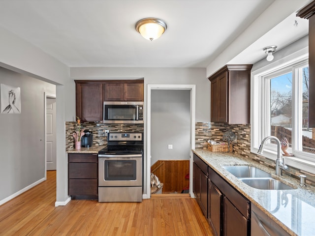 kitchen with sink, decorative backsplash, light hardwood / wood-style floors, stainless steel appliances, and light stone countertops