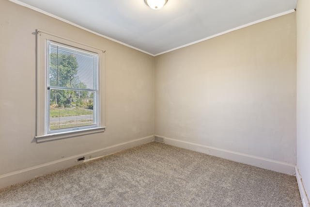 empty room with light colored carpet and ornamental molding