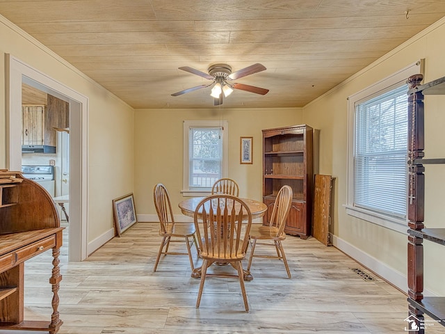 dining space with ornamental molding, wooden ceiling, ceiling fan, and light wood-type flooring