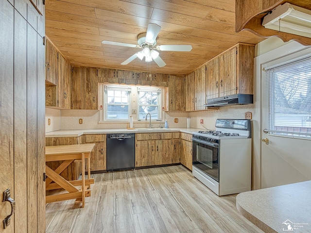 kitchen featuring dishwasher, sink, wood ceiling, white gas stove, and light wood-type flooring