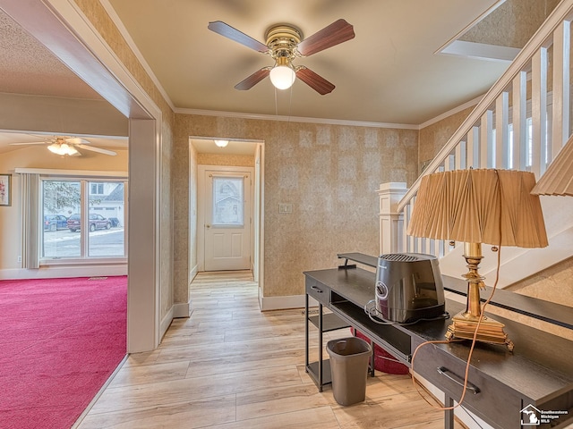 interior space featuring ornamental molding, ceiling fan, and light wood-type flooring