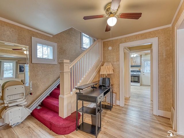 interior space with crown molding, wood-type flooring, and ceiling fan